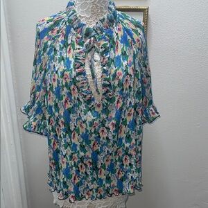 GANNI Blue and Green Floral Ruffle Blouse